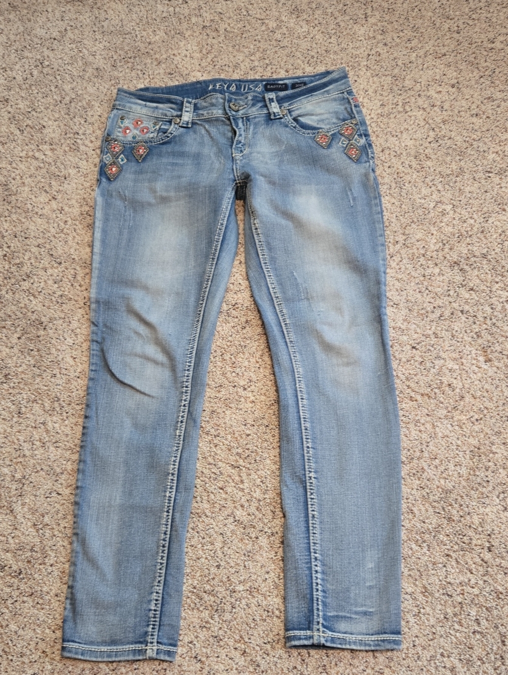 KEYA Rhinestone Designer Women's Light Distressed Jeans Easy Fit 11 31